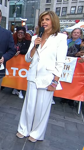 Hoda’s white gathered sleeve blazer and wide leg pants on Today