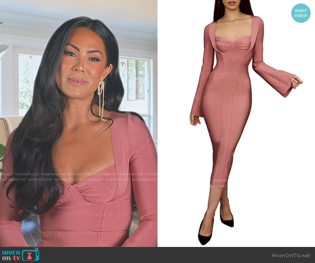 House of CB Long Sleeve Body-Con Midi Dress in Rose worn by Meili Workman on The Real Housewives of Salt Lake City