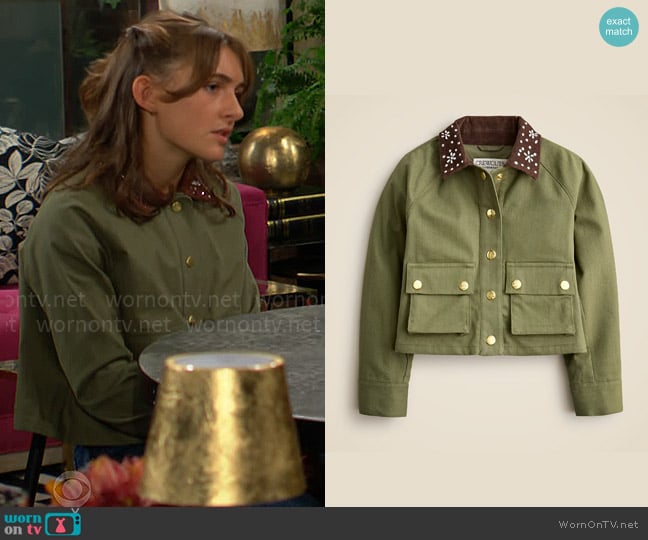 J. Crew Girls' flower-embellished cropped Barn Jacket™ in stretch herringbone worn by Katie Newman (Sienna Mercuri) on The Young and the Restless