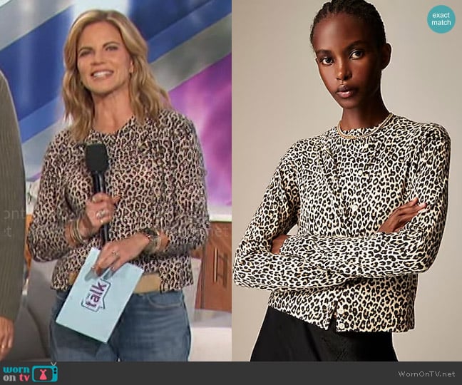 J. Crew Featherweight cashmere-blend sweater shell and cardigan in leopard print worn by Natalie Morales on The Talk