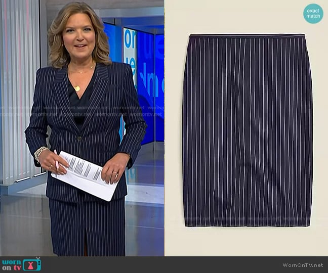 J. Crew Pencil knee-length skirt in navy pinstripe Italian wool blend worn by Cristine Romans on NBC News Daily