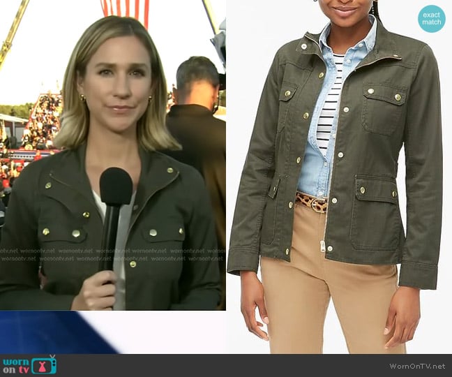 J. Crew Resin-coated Twill Field Jacket in Mossy Brown worn by Caitlin Huey-Burns on CBS Evening News