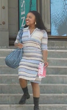 Janine's blue striped ribbed polo dress on Abbott Elementary