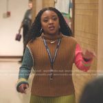 Janine’s brown colorblock ribbed sweater and yellow pleated skirt on Abbott Elementary