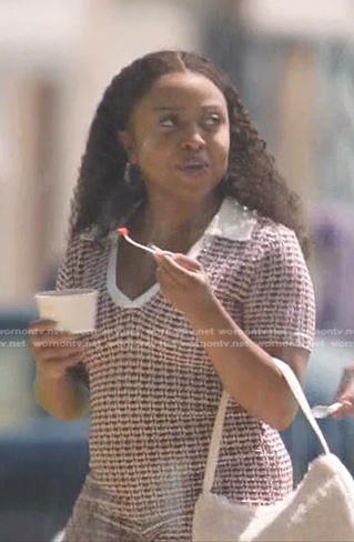 Janine’s red and white knit polo and pants on Abbott Elementary