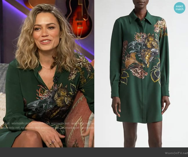 Jason Wu Forest Print Long Sleeve Silk Twill Shirtdress worn by Bethany Joy Lenz on The Kelly Clarkson Show