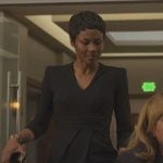 Jax’s black padded shoulder dress on Reasonable Doubt