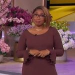 Jennifer’s burgundy off shoulder maxi dress on The Jennifer Hudson Show