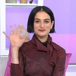 Jenny Slate’s burgundy tie neck print dress on Today