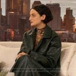 Jenny Slate’s green leather jacket and skirt on The Drew Barrymore Show