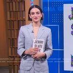 Jenny Slate’s grey check blazer and pleated skirt on Good Morning America