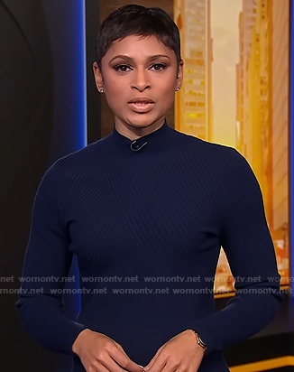 Jericka's navy rib knit dress on CBS Evening News