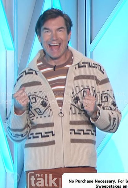 Jerry's beige printed zip up cardigan on The Talk