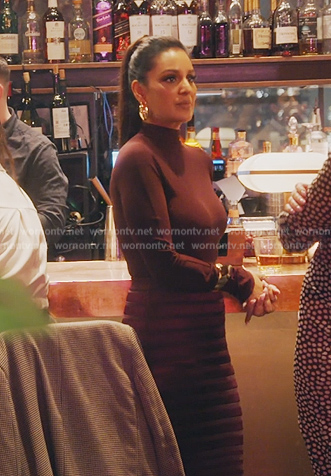 Jessel's burgundy mesh top and shadow stripe skirt on The Real Housewives of New York City