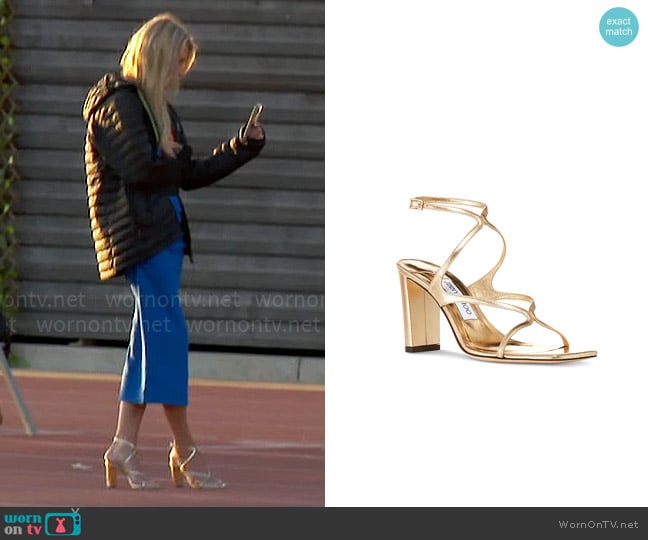 Jimmy Choo Azie Sandal in Gold worn by Joan Vassos on The Golden Bachelorette