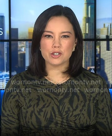 Jo Ling Kent's olive green animal print dress on CBS Mornings