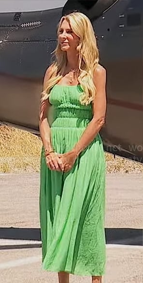 Joan's green smocked midi dress on The Golden Bachelorette