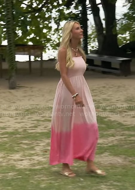 Joan's pink maxi dress with smocking on The Golden Bachelorette