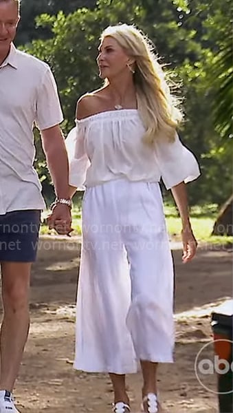 Joan's white off-shoulder blouse on The Golden Bachelorette