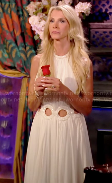 Joan's white rose ceremony gown with circle cutouts on The Golden Bachelorette