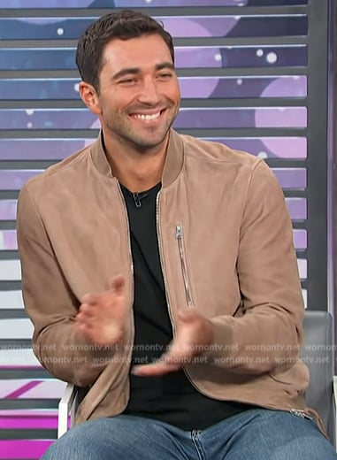 Joey Graziadei's suede bomber jacket on Access Hollywood