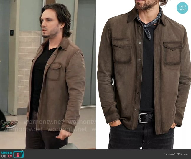 John Varvatos Izzy Suede Shirt Jacket worn by Lucky Spencer (Jonathan Jackson) on General Hospital