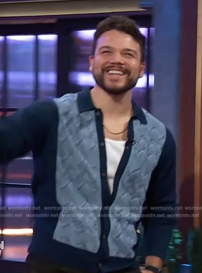 Josh Rivera's blue cardigan on The Kelly Clarkson Show