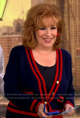 Joy's navy stripe trim cardigan on The View