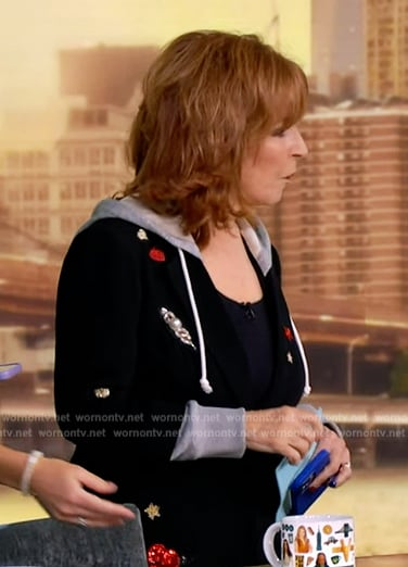 Joy’s black embellished hooded blazer on The View