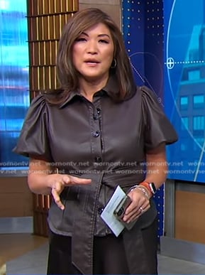 Juju's brown puff short sleeve leather shirt on Good Morning America