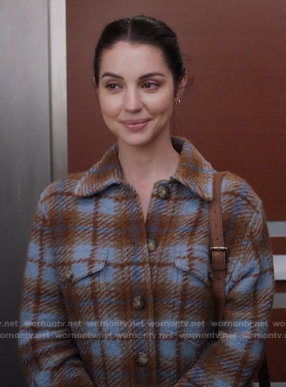 Jules' blue and brown plaid cropped shirt jacket on Greys Anatomy