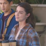 Jules’ blue and brown plaid cropped shirt jacket on Greys Anatomy