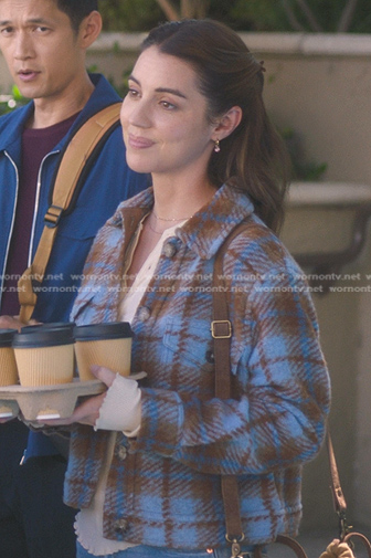 Jules' blue and brown plaid cropped shirt jacket on Greys Anatomy