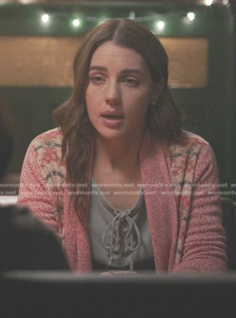 Jules's pink printed cardigan on Greys Anatomy