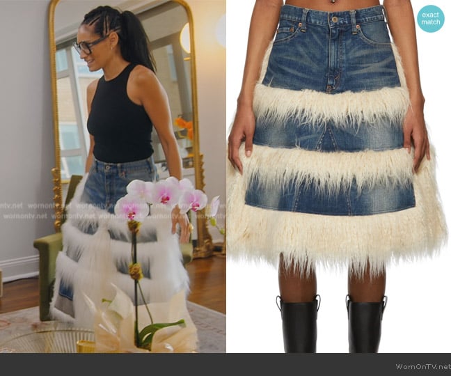 Junya Watanabe Blue Fake Fur Denim Skirt worn by Racquel Chevremont on The Real Housewives of New York City