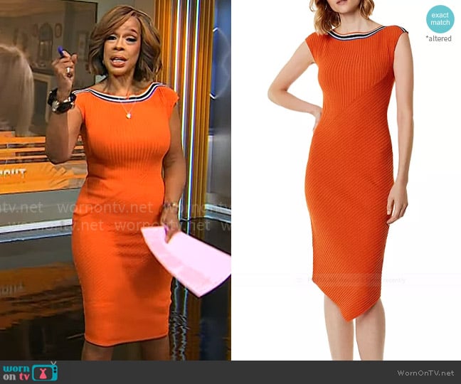 Karen Millen Asymmetric Rib-Knit Midi Dress worn by Gayle King on CBS Mornings