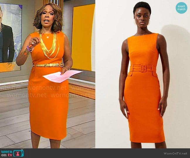 Karen Millen Compact Stretch Belted Tailored Midi Pencil Dress worn by Gayle King on CBS Mornings