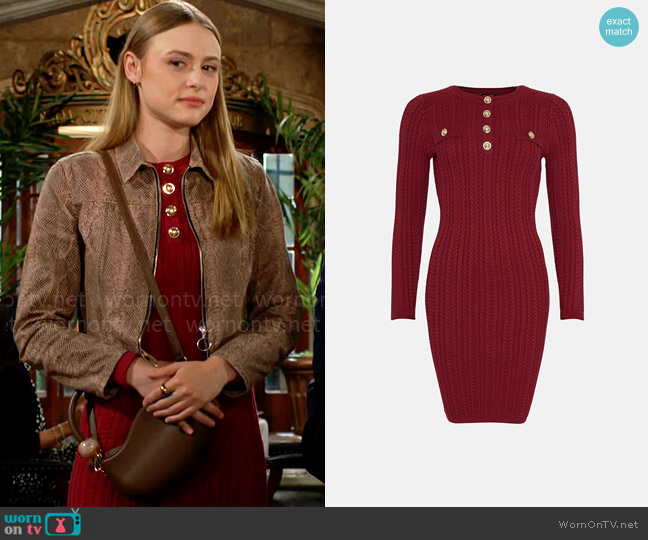 Karen Millen Military Trim Cable Knit Mini Dress in Burgundy worn by Claire Grace (Hayley Erin) on The Young and the Restless