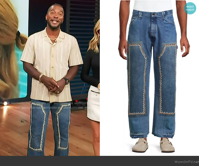 Kartik Research Double Knee Raw-Edge Jeans worn by Scott Evans on Access Hollywood