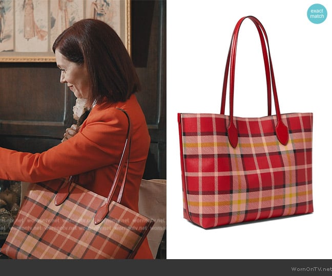 Elsbeth’s red plaid tote bag on Elsbeth