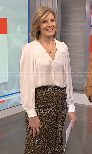 Kate's white v-neck blouse and print skirt on NBC News Daily