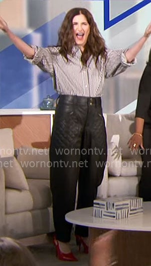 Kathryn Hahn's striped shirt and leather pants on The Talk