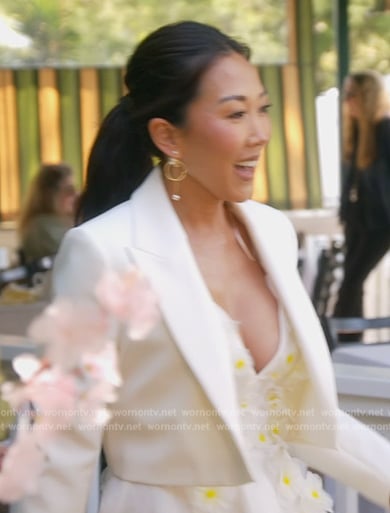 Katie's white floral applique dress with cropped blazer on The Real Housewives of Orange County