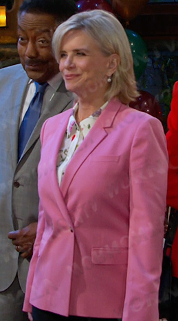 Kayla's floral blouse and pink blazer on Days of our Lives