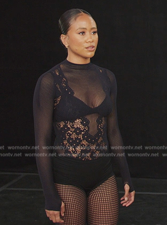 Keisha’s black floral lace bodysuit on All American Homecoming