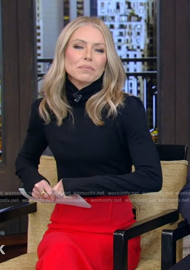 Kelly's black turtleneck and red skirt on Live with Kelly and Mark