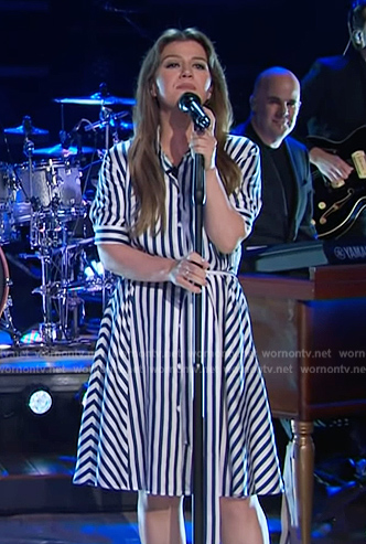 Kelly's blue stripe shirtdress on The Kelly Clarkson Show