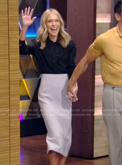 Kelly's black satin blouse and skirt on Live with Kelly and Mark