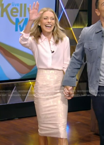 Kelly's pink blouse and metallic skirt on Live with Kelly and Mark