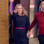 Kelly’s navy elbow sleeve midi dress on Live with Kelly and Ryan